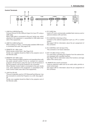 Page 14E-14
Control Terminals
1. Introduction
1. USB Port (USB B)(Type B)
Connect this port to the USB port (type A) of your PC using a
USB cable.
When USB cable is connected to this port, ferrite core, which
attached to this equipment, is assembled to USB cable (near
side of this equipment).
2. USB Port (USB A)(Type A)
When working on “menu”, commercially available USB mouse
is connected and used. See page E-45.
3. REMOTE IN 1 (Mini Jack)
Wired remote control input.  See Page E-20.
Ferrite core supplied should...