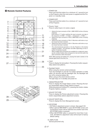 Page 17E-17
1. Introduction
4 Remote Control Features
1. POWER ON
Press and hold this button for a minimum of 1 second to turn
on the Projector when the main power is supplied and the Pro-
jector is in standby mode.
2. POWER OFF
Press and hold this button for a minimum of 1 second to turn
off the Projector.
3. Source / Input
Press to select input or to name a signal.
1Selects the input connector of Slot 1 (MM-VIDEO at time of factory
shipping).
Each press of “1” button switches the input connector one step in...