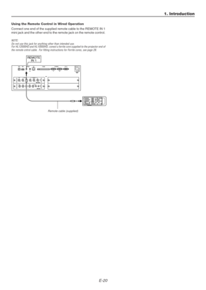 Page 20E-20
REMOTE
IN 1
Using the Remote Control in Wired Operation
Connect one end of the supplied remote cable to the REMOTE IN 1
mini jack and the other end to the remote jack on the remote control.
NOTE:
Do not use this jack for anything other than intended use.
For HL12000HD and HL10000HD, conect a ferrite core supplied to the projector end of
the remote cntrol cable.  For fitting instructions for Ferrite cores, see page 28.
Remote cable (supplied)
1. Introduction 