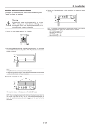 Page 25E-25
Installing Additional Interface Boards
Four types of Interface boards are available for the Projector.
Please purchase as required.
1. Turn off the main power switch of the Projector.
Wa r n i n g
Ensure main power is disconnected or by turning
off the main power switch before installing or re-
moving the board from the Projector. Failing to do
so could result in electrical shock.
2. Use a flat-bladed screwdriver to loosen the 2 screws of the slot panel
located at the input terminals portion of the...