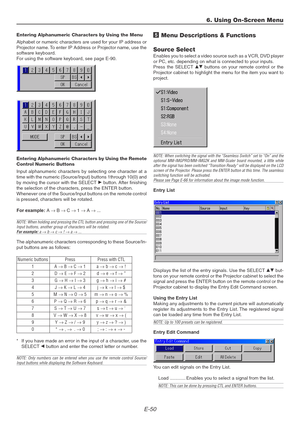 Page 50E-50
Entering Alphanumeric Characters by Using the Menu
Alphabet or numeric characters are used for your IP address or
Projector name. To enter IP Address or Projector name, use the
software keyboard.
For using the software keyboard, see page E-90.
Entering Alphanumeric Characters by Using the Remote
Control Numeric Buttons
Input alphanumeric characters by selecting one character at a
time with the numeric (Source/Input) buttons 1through 10(0) and
by moving the cursor with the SELECT E button. After...