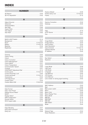 Page 92E-92
INDEX
NUMBER
3D Reform .......................................................................... E-55
3D Y/C  Separation ............................................................. E-52
A
Adjust (Source) .................................................................. E-51
Advanced ........................................................................... E-64
Advanced Menu ................................................................. E-44
Alert Mail...