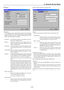 Page 64E-64
6. Using On-Screen Menu
Advanced
IP Address
An IP address can be automatically assigned to this Projector
by your DHCP server. If your network does not automatically
assign IP address, ask your network administrator for an ad-
dress, and then register it manually.
Automatic .... Automatically assigns an IP address to the Pro-
jector from a DHCP server.
Manual ........ Provides a space for you to register the IP ad-
dress or subnet mask number obtained from your
network administrator.
IP Address ......