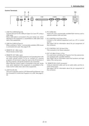 Page 14E-14
Control Terminals
1. Introduction
1. USB Port (USB B)(Type B)
Connect this port to the USB port (type A) of your PC using a
USB cable.
When USB cable is connected to this port, ferrite core, which
attached to this equipment, is assembled to USB cable (near
side of this equipment).
2. USB Port (USB A)(Type A)
When working on “menu”, commercially available USB mouse
is connected and used. See page E-45.
3. REMOTE IN 1 (Mini Jack)
Wired remote control input.
4. REMOTE OUT (Mini Jack)
For Daisy-chaining...