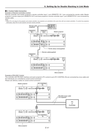 Page 41E-41
5. Setting Up for Double Stacking in Link Mode
1-6. Control Cable ConnectionExample of Remote Controllers Control
Remote controller and master projector’s remote controller input 1 port (REMOTE1 IN 1 )are connected by remote cable. Master
projector’s remote output port (REMOTE OUT) and slave projector’s remote controller input 1 port (REMOTE IN 1) are connected by
remote cable.
NOTE:
•When ID is not setup for the projector and remote controller, two projectors are controlled at the same time with...