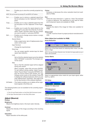 Page 51E-51
Store ............ Enables you to store the currently projected sig-
nal.
NOTE: This can be done by pressing CTL and ENTRY LIST buttons.
Cut ............... Enables you to remove a selected signal from
the list and place it on the clipboard in the Pro-
jector.
Copy ............ Enables you to copy a selected signal from the
list and place it on the clipboard in the Projec-
tor.
Paste ........... Enables you to paste the signal placed on the
clipboard to any other line of the list. To do this,
select...