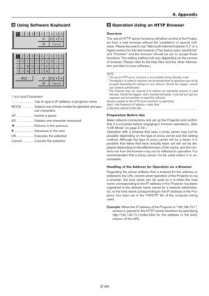 Page 84E-84
8 Using Software Keyboard
1 to 0 and Characters
........................ Use to type in IP address or projector name
MODE .............Selects one of three modes for alphabet and spe-
cial characters.
SP ................... Inserts a space
BS ................... Deletes one character backward
F..................... Returns to the previous
E..................... Advances to the next
OK ................... Executes the selection
Cancel ............. Cancels the selection
8. Appendix
9 Operation Using...