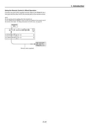 Page 20E-20
REMOTE
IN 1
Using the Remote Control in Wired Operation
Connect one end of the supplied remote cable to the REMOTE IN 1
mini jack and the other end to the remote jack on the remote control.
NOTE:
Do not use this jack for anything other than intended use.
For HL12000HD and HL10000HD, conect a ferrite core supplied to the projector end of
the remote cntrol cable.  For fitting instructions for Ferrite cores, see page 28.
Remote cable (supplied)
1. Introduction 