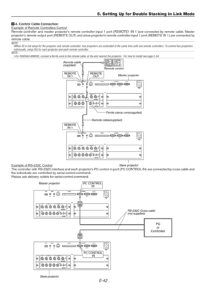 Page 42E-42
5. Setting Up for Double Stacking in Link Mode
1-6. Control Cable ConnectionExample of Remote Controllers Control
Remote controller and master projector’s remote controller input 1 port (REMOTE1 IN 1 )are connected by remote cable. Master
projector’s remote output port (REMOTE OUT) and slave projector’s remote controller input 1 port (REMOTE IN 1) are connected by
remote cable.
NOTE:
•When ID is not setup for the projector and remote controller, two projectors are controlled at the same time with...