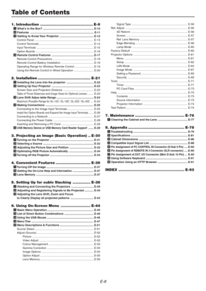 Page 8E-8
Table of Contents
1. Introduction ............................................ E-91 Whats in the Box? ................................................................. E-10
2 Features ..................................................................................E-11
3 Getting to Know Your Projector ............................................ E-12
Control Panel ............................................................................ E-13
Control Terminals...