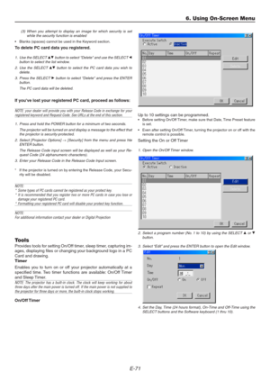 Page 71E-71
(3) When you attempt to display an image for which security is set
while the security function is enabled
• Blanks (spaces) cannot be used in the Keyword section.
To delete PC card data you registered.
1. Use the SELECT GH button to select Delete and use the SELECT Fbutton to select the list window.
2. Use the SELECT 
GH button to select the PC card data you wish to
delete.
3. Press the SELECT 
E button to select Delete and press the ENTER
button.
The PC card data will be deleted.
If youve lost your...