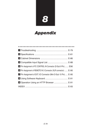 Page 78E-78
8
Appendix
○○○○○○○○○○○○○○○○○○○○○○○○○○○○○○○○○○○○○○○
1 Troubleshooting ..................................................... E-79
2 Specifications ........................................................ E-81
3 Cabinet Dimensions .............................................. E-86
4 Compatible Input Signal List .................................. E-88
5 
Pin Assignment of PC CONTROL IN Connector (D-Sub 9 Pin)...... E90
6 
Pin Assignment of REMOTE IN 3 Connector (XLR connector)..... E-90
7 
Pin...