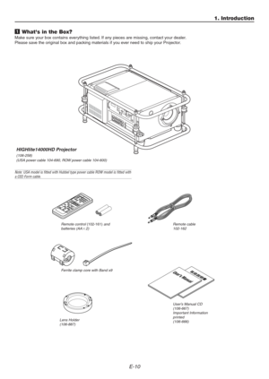 Page 10E-10
1 Whats in the Box?
Make sure your box contains everything listed. If any pieces are missing, contact your dealer.
Please save the original box and packing materials if you ever need to ship your Projector.
User’s Manual CD
(106-667)
Important Information
printed
(106-666)
1. Introduction
Remote control (102-161) and
batteries (AA2)Remote cable
102-162
Users ManualFerrite clamp core with Band x9
Note: USA model is fitted with Hubbel type power cable ROW model is fitted witha CEE-Form cable....