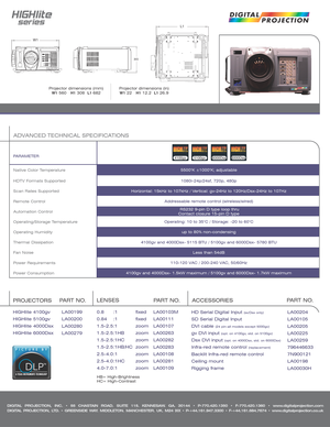 Page 2DIGITAL PROJECTION, INC. • 55 CHASTAIN ROAD. SUITE 115. KENNESAW. GA. 30144 • P-770.420.1350 • F-770.420.1360 • www.digitalprojection.com
DIGITAL PROJECTION, LTD. • GREENSIDE WAY. MIDDLETON. MANCHESTER. UK. M24 IXX • P-+44.161.947.3300 • F-+44.161.684.7674 • www.digitalprojection.co.uk
Native Color Temperature
HDTV Formats Supported
Scan Rates Supported
Remote Control
Automation Control
Operating/Storage Temperature
Operating Humidity
Thermal Dissipation 
Fan Noise
Power Requirements
Power Consumption...