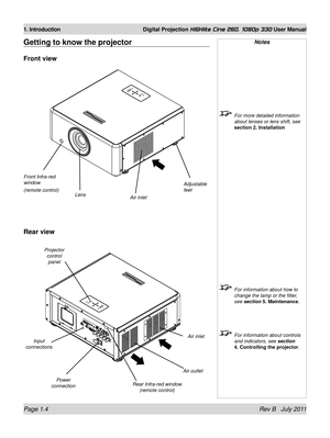 Page 18Page 1.4 Rev B   July 2011
1. Introduction Digital Projection HIGHlite Cine 260, 1080p 330 User Manual
Notes
  For more detailed information 
about lenses or lens shift, see 
section 2. Installation
 For information about how to 
change the lamp or the filter, 
see section 
5. Maintenance.
 For information about controls 
and indicators, see  section 
4. Controlling the projector.
Getting to know the projector
Front view
Rear view
Rear Infra-red window  (remote control)
Power 
connection Lens
Front...