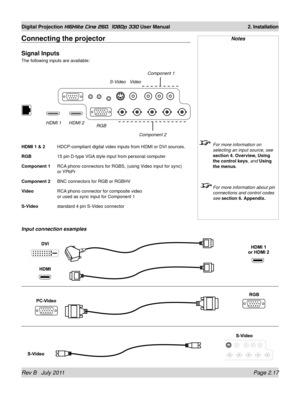 Page 35Rev B   July 2011 Page 2.17
Digital Projection HIGHlite Cine 260, 1080p 330 User Manual 2. Installation
Notes
 For more information on 
selecting an input source, see 
section 4. Overview, Using 
the control keys, and Using 
the menus.
 
  For more information about pin 
connections and control codes 
see section 6. Appendix.
Connecting the projector
Signal Inputs
The following inputs are available:
HDMI 1 & 2
  HDCP-compliant digital video inputs from HDMI or DVI sources.
RGB  15 pin D-type VGA style...