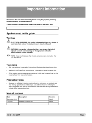 Page 5Rev B   July 2011  Page v
Please read this user manual carefully before using the projector, and keep 
the manual handy for future reference.
A serial number is located on the back of the projector. Record it here: 
Symbols used in this guide
Warnings
 ELECTRICAL WARNING: this symbol indicates that there is a danger of 
electrical shock unless the instructions are closely followed.
 WARNING: this symbol indicates that there is a danger of physical 
injury to yourself and/or damage to the equipment unless...