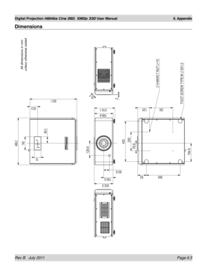 Page 81Rev B   July 2011 Page 6.5
Digital Projection HIGHlite Cine 260, 1080p 330 User Manual 6. Appendix
Dimensions
All dimensions in mm unless otherwise stated 