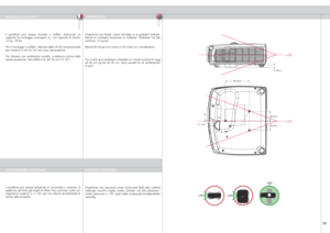 Page 33
italianonorsk
33

± 20°
± 20°
MONTAGGIO A SOFFITTOTAKMONTASJE
Il  proiettore  può  essere  montato  a  soffitto,  utilizzando  un supporto  di  montaggio  omologato  UL,  con  capacità  di  minimo 12 kg / 26 lbs.
Per il montaggio a soffitto, utilizzare delle viti M4 introducendole per massimo 5 mm (0,19») nel corpo del proiettore. 
Per  ottenere  una  ventilazione  corretta,  la  distanza  minima  dalla parete posteriore / dal soffitto è di: 30/ 50 cm (12/ 20”).
Projektoren  kan  plasseres  enten...