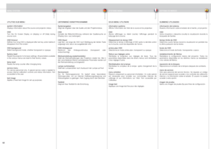 Page 52
englishdeutschfrancaisespañol
5

UTILITIES SUB MENU
system informationDisplays information about the source and projector status.
OSDTurn  the  On  Screen  Display  on  (display)  or  off  (hide)  during source scan.
OSD timeoutDefines how long OSD is displayed after last key action before it disappears from the screen.
OSD backgroundSelect background mode, whether transparent or opaque.
factory resetResets the projector to its basic settings. All parameters available in the various menus are reset...