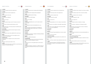 Page 2828
englishdeutsch francais españolREMOTE CONTROL
FERNBEDIENUNGTELECOMMANDEMANDO A DISTANCIA
C-VIDEO
Selects the composite video input as signal source .
S-VIDEOSelects the super video input as signal source .
YPbPrSelects component video input .
DVI/HDMISelects the DVI or HDMI input .
VGASelects the VGA input .
BLACKToggles the projected image on and off . The lamp is not shut off .
STILLToggle function, locking the projected image on and off .
TIMEDisplays date and time  . Set the date and time in the...