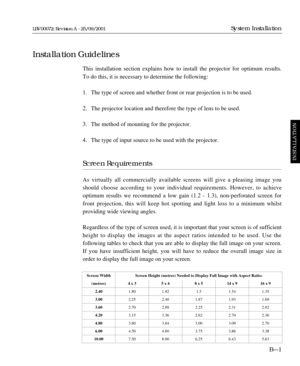 Page 29This installation section explains how to install the projector for optimum results.
To do this, it is necessary to determine the following:
1. The type of screen and whether front or rear projection is to be used.
2. The projector location and therefore the type of lens to be used.
3. The method of mounting for the projector.
4. The type of input source to be used with the projector.
Screen Requirements
As virtually all commercially available screens will give a pleasing image you
should choose...