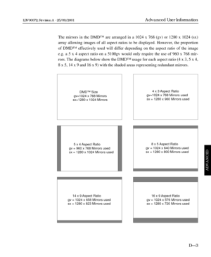 Page 97The mirrors in the DMD™ are arranged in a 1024 x 768 (gv) or 1280 x 1024 (sx)
array allowing images of all aspect ratios to be displayed. However, the proportion
of DMD™ effectively used will differ depending on the aspect ratio of the image
e.g. a 5 x 4 aspect ratio on a 5100gv would only require the use of 960 x 768 mir-
rors. The diagrams below show the DMD™ usage for each aspect ratio (4 x 3, 5 x 4,
8 x 5, 14 x 9 and 16 x 9) with the shaded areas representing redundant mirrors.
D—3
Advanced User...