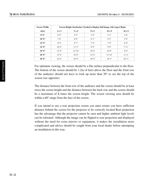 Page 30For optimum viewing, the screen should be a flat surface perpendicular to the floor.
The bottom of the screen should be 1.2m (4 feet) above the floor and the front row
of the audience should not have to look up more than 30° to see the top of the
screen (see opposite).
The distance between the front row of the audience and the screen should be at least
twice the screen height and the distance between the back row and the screen should
be a maximum of 8 times the screen height. The screen viewing area...