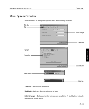 Page 55Slide Bar
Menu windows or dialog box typically have the following elements:
Title bar- Indicates the menu title.
Highlight- Indicates the selected menu or item.
Solid triangle- Indicates further choices are available. A highlighted triangle 
indicates the item is active.
C—9
Overview
Menu System Overview
OPERATION
LBV00072; Revision A - 25/09/2001
Radio Button
Title Bar
Tab
Highlight
Check Box
Cancel Button
Solid Triangle
OK Button 