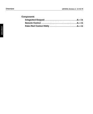 Page 11Components
Integrated Keypad ....................................................AÑ16
Remote Control ..........................................................AÑ16
Palm Pilot Control Utility............................................AÑ16
Overview
OVERVIEW
LBV00056; Revision A - 23/08/99 