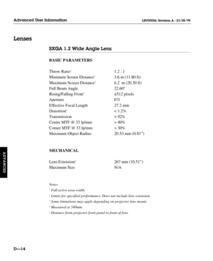 Page 119SXGA 1.2 Wide Angle Lens
BASIC PARAMETERS
Throw Ratio
11.2 : 1
Minimum Screen Distance
23.6 m (11.80 ft)
Maximum Screen Distance
26.2 m (20.30 ft)
Full Beam Angle 22.60°
Rising/Falling Front
3±512 pixels
Aperture F/3
Effective Focal Length 27.2 mm
Distortion
4< 1.2%
Transmission > 92%
Centre MTF @ 33 lp/mm > 40%
Corner MTF @ 33 lp/mm > 30%
Maximum Object Radius 20.53 mm (0.81”)
MECHANICAL
Lens Extension
5267 mm (10.51”)
Maximum Size N/A
Notes
1Full active area width.
2Limits for specified performance....