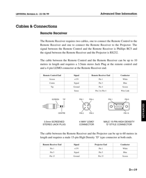 Page 124Remote Receiver
The Remote Receiver requires two cables, one to connect the Remote Control to the
Remote Receiver and one to connect the Remote Receiver to the Projector. The 
signal between the Remote Control and the Remote Receiver is Phillips RC5 and
the signal between the Remote Receiver and the Projector is RS232.
The cable between the Remote Control and the Remote Receiver can be up to 10
metres in length and requires a 3.5mm stereo Jack Plug at the remote control end
and a 4 pin LEMO connector at...