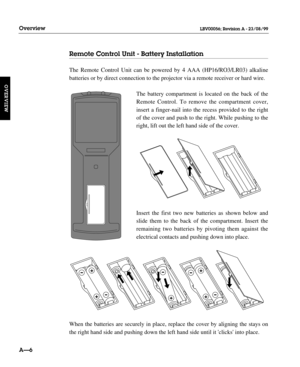 Page 17Remote Control Unit - Battery Installation
The Remote Control Unit can be powered by 4 AAA (HP16/RO3/LR03) alkaline
batteries or by direct connection to the projector via a remote receiver or hard wire.
The battery compartment is located on the back of the
Remote Control. To remove the compartment cover,
insert a finger-nail into the recess provided to the right
of the cover and push to the right. While pushing to the
right, lift out the left hand side of the cover.
Insert the first two new batteries as...