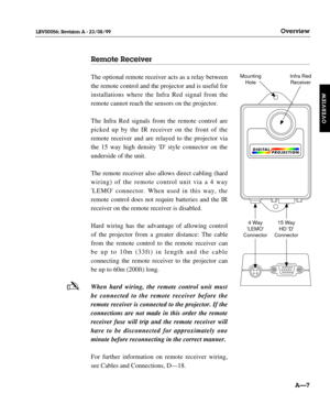 Page 18Remote Receiver
The optional remote receiver acts as a relay between
the remote control and the projector and is useful for
installations where the Infra Red signal from the
remote cannot reach the sensors on the projector.
The Infra Red signals from the remote control are
picked up by the IR receiver on the front of the
remote receiver and are relayed to the projector via
the 15 way high density D style connector on the
underside of the unit.
The remote receiver also allows direct cabling (hard
wiring)...