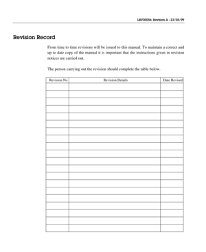 Page 5From time to time revisions will be issued to this manual. To maintain a correct and
up to date copy of the manual it is important that the instructions given in revision
notices are carried out.
The person carrying out the revision should complete the table below.
Revision No Revision Details Date Revised
Revision Record
LBV00056; Revision A - 23/08/99 