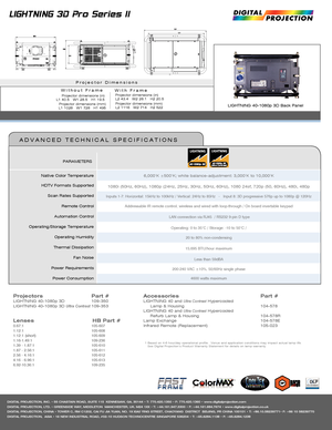 Page 21 Based on 4-6 hour/day operational profile.  Venue and application conditions may impact actual lamp life. See Digital Projection’s Product Warranty Statement for details on lamp warranty.
Lenses    HB Part #0.67:1  105-607 1.12:1  105-608 1.12:1 (short)    105-6091.16-1.49:1  109-2361.39 - 1.87:1    105-6101.87 - 2.56:1   105-6112.56 - 4.16:1   105-6124.16 - 6.96:1   105-6136.92-10.36:1   109-235
Native Color Temperature
HDTV Formats Supported
Scan Rates Supported
Remote Control
Automation Control...