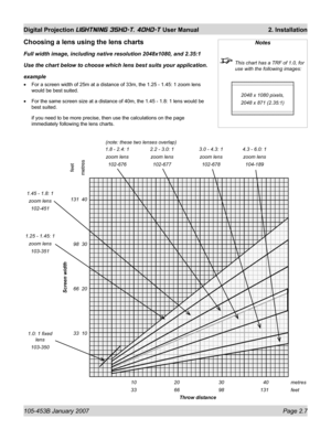 Page 29105-453B January 2007  Page 2.7
Digital Projection LIGHTNING 35HD-T, 40HD-T User Manual  2. Installation
Choosing a lens using the lens charts
Full width image, including native resolution 2048x1080, and 2.35:1
Use the chart below to choose which lens best suits your application.
example
For a screen width of 25m at a distance of 33m, the 1.25 - 1.45: 1 zoom lens 
would be best suited.
For the same screen size at a distance of 40m, the 1.45 - 1.8: 1 lens would be 
best suited.
if you need to be more...