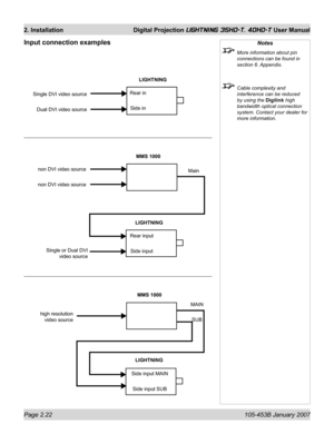 Page 44Page 2.22  105-453B January 2007
2. Installation  Digital Projection LIGHTNING 35HD-T, 40HD-T User Manual
Notes
  More information about pin 
connections can be found in 
section 6. Appendix.
  Cable complexity and 
interference can be reduced 
by using the Digilink high 
bandwidth optical connection 
system. Contact your dealer for 
more information.
Input connection examples
Single DVI video source
Dual DVI video sourceRear in
Side in
MMS 1000
non DVI video source
non DVI video sourceMain
Rear input...