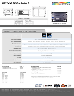 Page 2Projectors     Part #LIGHTNING 40 isx+ 3D   109-344 LIGHTNING 40 isx+ 3D Ultra Contrast 109-347 
Accessories          Part #LIGHTNING 40 and Ultra Contrast Hypercooled      Lamp & Housing     104-578LIGHTNING 40 and Ultra Contrast Hypercooled      Refurb Lamp & Housing     104-578RLamp Exchange     104-578EInfrared Remote (Replacement)      105-023
1 Based on 4-6 hour/day operational profile.  Venue and application conditions may impact actual lamp life.   See Digital Projection’s Product Warranty...