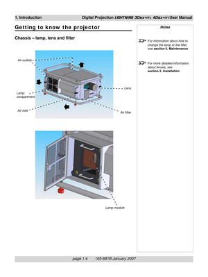 Page 16
page 1.4       105-681B January 2007
1. Introduction Digital Projection LIGHTNING 30sx+m, 40sx+m User Manual
Getting to know the projector
Chassis – lamp, lens and filter
Notes
For information about how to
change the lamp or the filter,
see section  5. Maintenance .
For more detailed information
about lenses, see
section 2. Installation
Lens
Air filter
Lamp
compartment
Lamp module
Air outlets
Air inlet 
