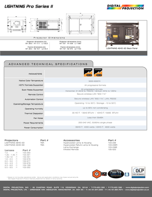 Page 2DIGITAL  PROJECTION,  INC.  • 55  CHASTAIN  ROAD.  SUITE  115.  KENNESA W. GA.  30144  • T-770.420.1350  • F-770.420.1360  • www.digitalpro jection.com
DIGITAL  PROJECTION,  LTD.  • GREENSIDE  WAY. MIDDLETON.  MANCHESTER.  UK.  M24  IXX  • T-+44.161.947.3300  • F-+44.161.684.7674  • www.d igitalprojection.co.uk
Projectors Part #LIGHTNING 38HD-3D TBA
LIGHTNING 45HD-3D TBAAccessoriesPart #Hypercooled Lamp & Housing 103-238
Hypercooled  Refurb Lamp & Housing 103-238R
Lamp Exchange 103-238E
Infrared  Remote...