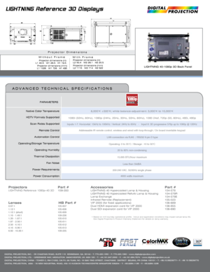 Page 21 Based on 4-6 hour/day operational profile.  Venue and application conditions may impact actual lamp life.
  See Digital Projection’s Product Warranty Statement for details on lamp warranty.
Lenses    HB Part #0.67:1  105-607 
1.12:1   105-608 
1.12:1 (short)    105-609
1.16 - 1.49:1    109-236
1.39 - 1.87:1    105-610
1.87 - 2.56:1    105-611
2.56 - 4.16:1    105-612
4.16 - 6.96:1    105-613
6.92 - 10.36:1    109-235
Native Color Temperature
HDTV Formats Supported
Scan Rates Supported Remote Control...