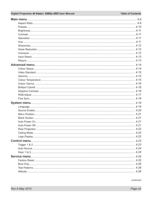 Page 13
Rev A May 2010 Page xiii
Digital Projection M-Vision 1080p-260 User Manual  Table of Contents

continued
Main menu ............................................................................................................................................4.9
Aspect Ratio .....................................................................................................................................4.9
Presets...