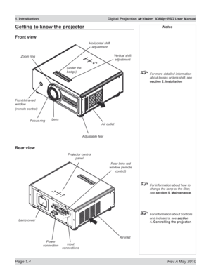 Page 18
Page 1.4  Rev A May 2010
1. Introduction  Digital Projection M-Vision 1080p-260 User Manual
Getting to know the projector
Front view
Notes
 For more detailed information 
about lenses or lens shift, see 
section 2. Installation
 For information about how to 
change the lamp or the filter, 
see section  5. Maintenance.
 For information about controls 
and indicators, see section 
4. Controlling the projector
.Lamp cover
Rear view
Rear Infra-red 
window (remote 
control)
Power 
connection
Lens
Front...