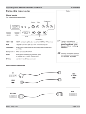 Page 31
Rev A May 2010 Page 2.13
Digital Projection M-Vision 1080p-260 User Manual  2. Installation

Notes
 For more information on 
selecting an input source, see 
section 4. Overview, Using 
the control keys, and Using 
the menus.
  For more information about pin 
connections and control codes 
see section 6. Appendix.
Connecting the projector
Signal Inputs
The following inputs are available:
HDMI 1 & 2  HDCP-compliant digital video inputs from HDMI or DVI sources.
RGB  15 pin D-type VGA style input from...