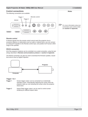 Page 33
Rev A May 2010 Page 2.15
Digital Projection M-Vision 1080p-260 User Manual  2. Installation

Notes
 
 For more information about pin 
connections and control codes 
see section 6. Appendix.
Control connections
The following connections are available:
remote control
If infrared signals from the remote control cannot reach the projector due to 
excessive distance or obstructions such as walls or cabinet doors, you can connect 
an external IR repeater to the Remote control input, and position its IR sensor...