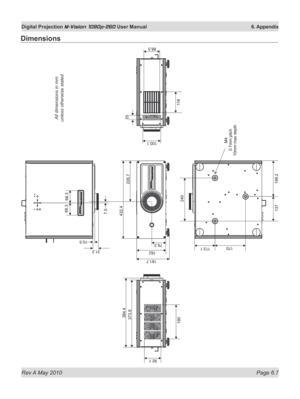 Page 75
Rev A May 2010 Page 6.7
Digital Projection M-Vision 1080p-260 User Manual  6. Appendix

Dimensions
All dimensions in mm unless otherwise stated 
