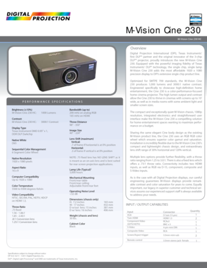 Page 1Digital Projection International (DPI), Texas Instruments’ 
first DLP™ partner and the original innovator of the 3-chip 
DLP™ projector, proudly introduces the new M-Vision Cine 
230. Equipped with the powerful imaging fidelity of Texas 
Instruments’ DLP® technology, the single chip, single lamp 
M-Vision Cine 230 adds the most affordable 1920 x 1080 
precision display to DPI’s extensive single chip product line.
Optimized for SMTPE 709 standards, the M-Vision Cine 
230 produces 1,000 lumens and 3000:1...