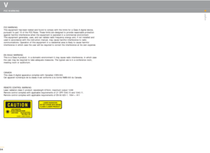 Page 3434
V
english
FCC WARNING
FCC WARNING
This equipment has been tested and found to comply with the limits for a Class A digital device, 
pursuant to part 15 of the FCC Rules. These limits are designed to provide reasonable protection 
against harmful interference when the equipment is operated in a commercial environment. 
This equipment generates, uses, and can radiate radio frequency energy and, if not installed and 
used in accordance with the instruction manual, may cause harmful interference to radio...