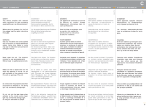 Page 5SICHERHEIT & WARNHINWEISE
SICHERHEIT
Dieses Gerät erfüllt die gültigen
Sicherheitsbestimmungen für
Datenverarbeitungsgeräte, die für 
den Einsatz in Büros bestimmt sind.
Vor der ersten Benutzung des Projektors
bitte die Sicherheitsanweisungen
sorgfältig durchlesen.
WARNHINWEISE
Nur die mit dem Gerät mitgelieferten
Kabel und Leitungen oder Original-
Ersatzkabel verwenden. 
Die Verwendung anderer Kabel oder
Leitungen kann zu Störungen in der
Funktion und zu bleibenden Schäden
des Geräts führen.
Das Gerät...